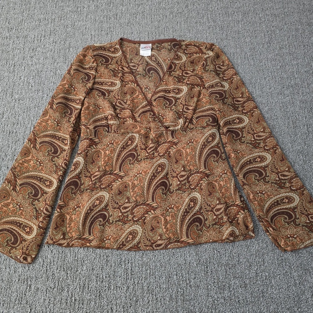Studio Y Paisley Wrap Blouse Boho Y2K Earth Tone Bell Sleeve V-Neck Top Medium